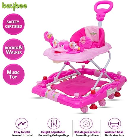 Baybee Cheezy Baby Walker Cum Rocker - Round Kids Walker for Babies Cycle with Music & Light Rattles and Toys Ultra Soft Seat, Push Bar Activity Walker for Kid and Wheel 6 Months to 2 Years (Pink)