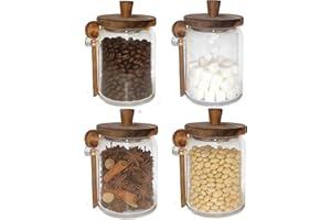 FHDUSRYO 4 PCS Glass Jars Containers with Wooden Handles Lids and Scoop Clear Canister Jars Set with Spoon, 20.3oz Glass Kitc