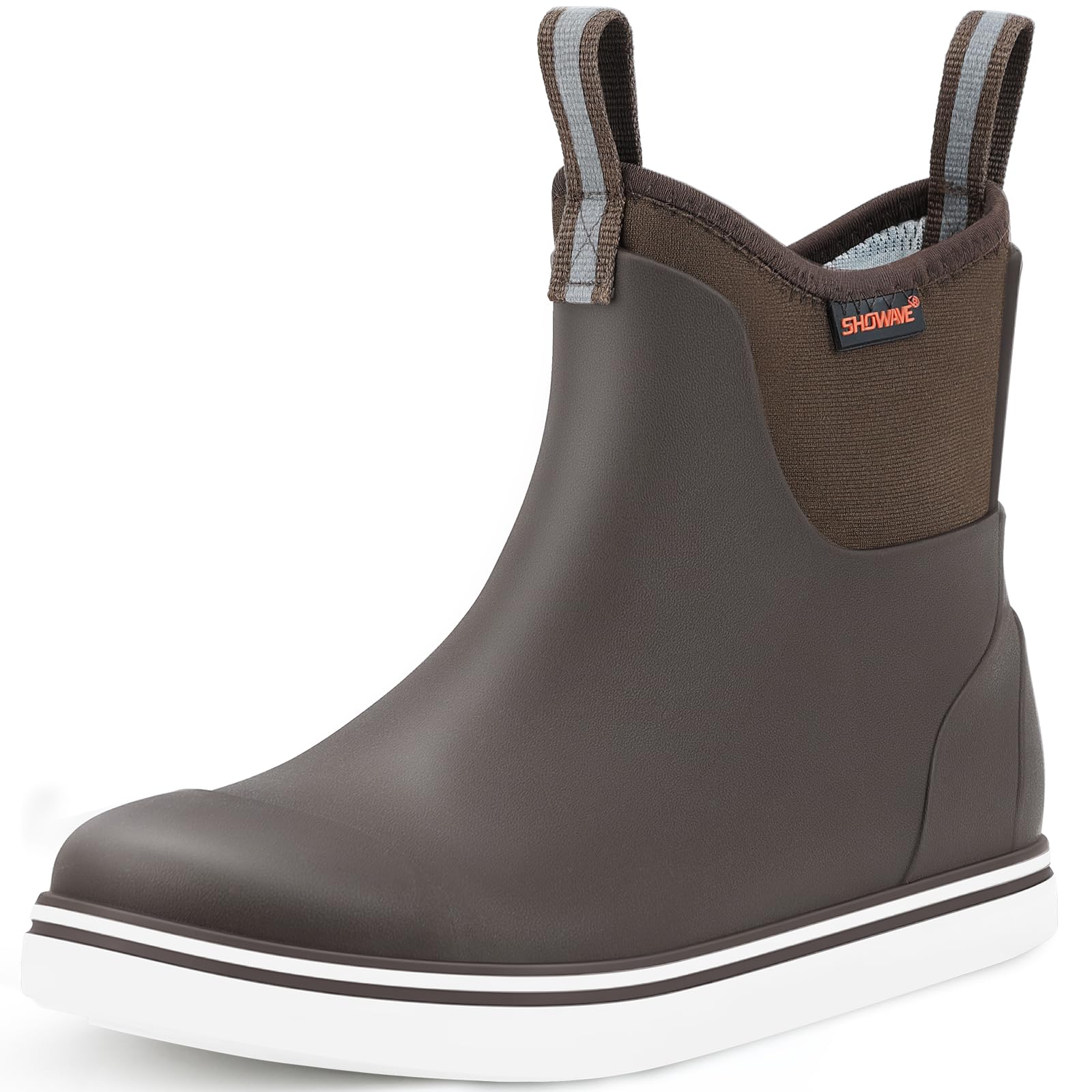 Photo 1 of Showave Men's Deck Boots Waterproof Ankle Rubber Rain Boots for Boating Sailing Fishing, Size 8,Brown