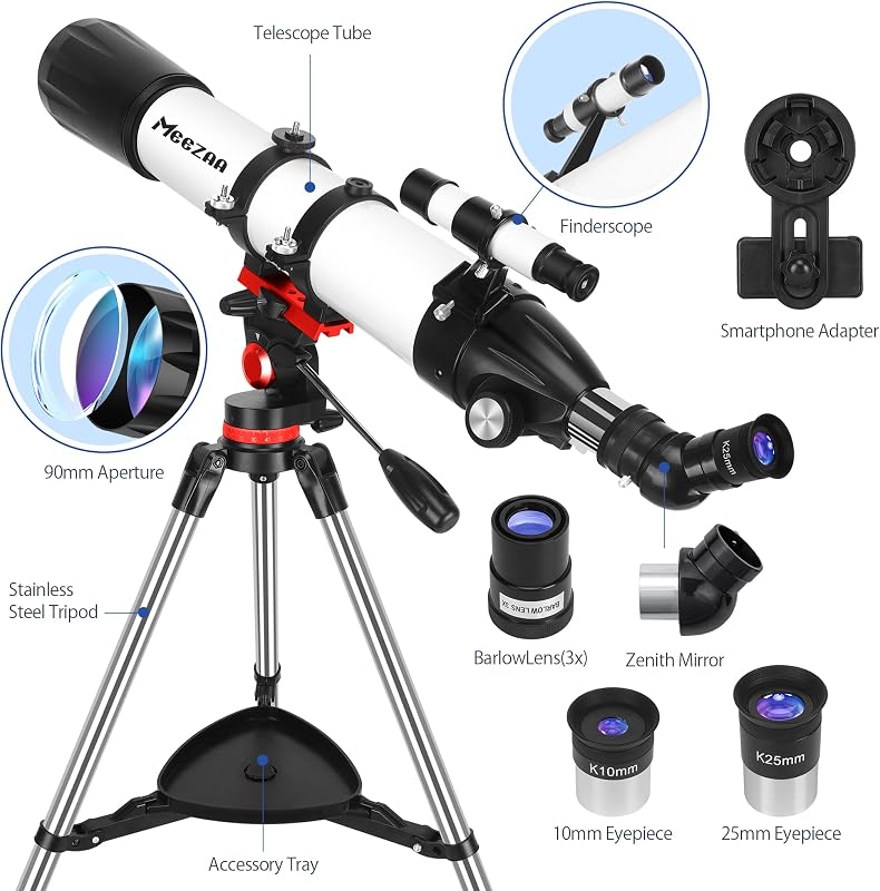 Teleskop, Teleskope für Erwachsene Astronomie Profi, 90mm Blende 800mm AZ Mount Refraktor Teleskop für Kinder und Anfänger, Teleskope Astronomisches zur Beobachtung von Mond und Planeten