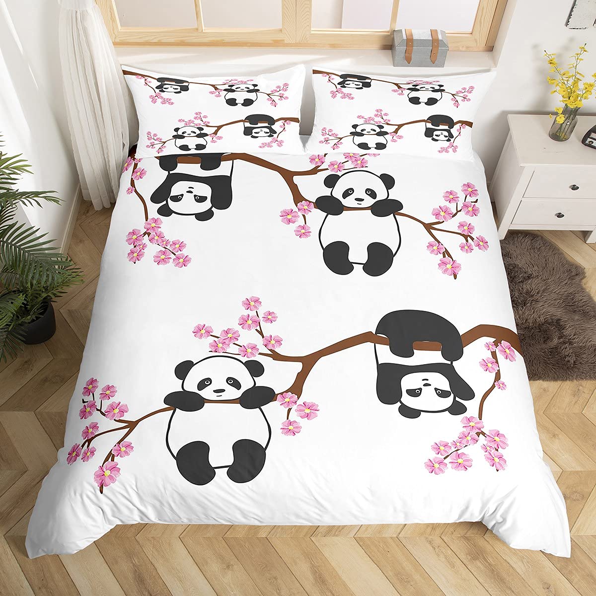 Loussiesd Cute Panda Bedding Set for Girls Boys Kids Cartoon Giant Panda Bedding Single Cherry Blossom Decor Duvet Cover Lover Animal Duvet Cover Bedroom Collection