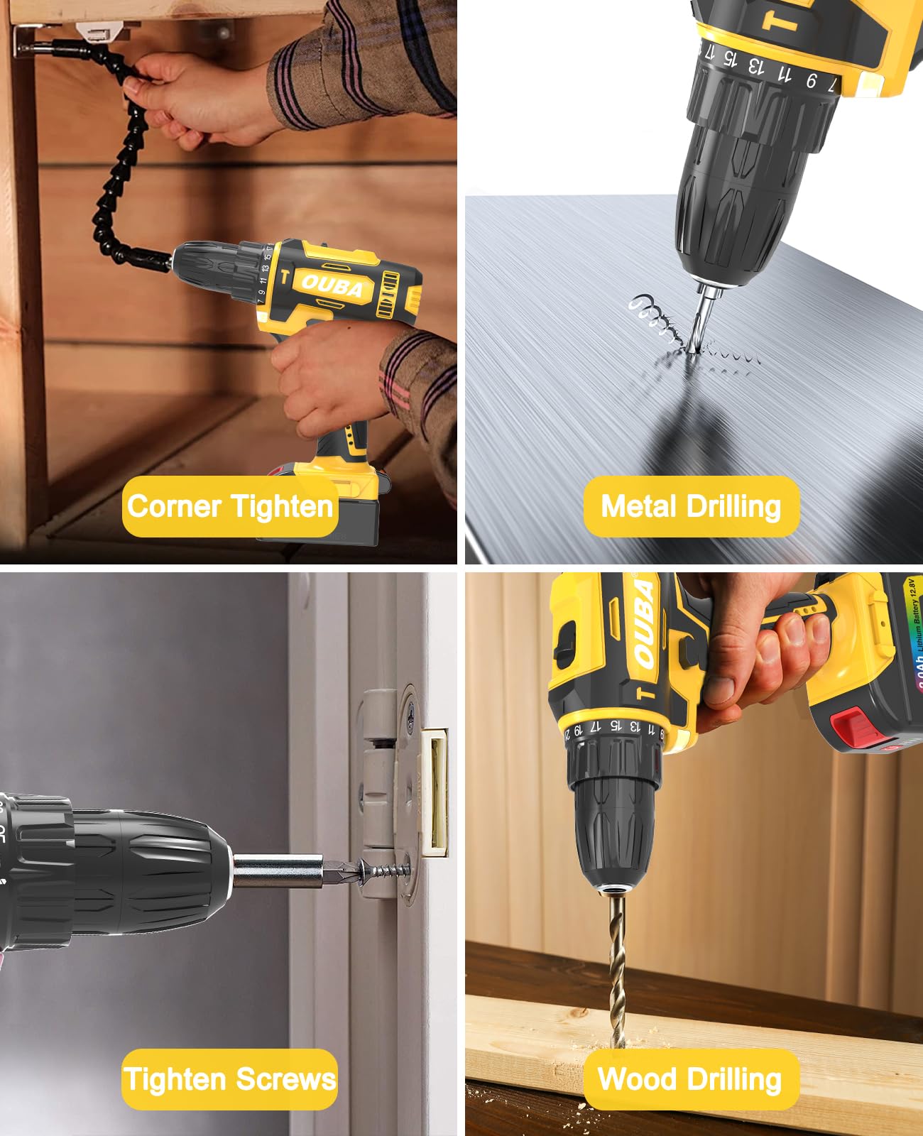 OUBA Cordless Drill Set, 12.8V Lithium Lon Power Drill Cordless with Battery and Charger, 2 Variable Speeds, 3/8