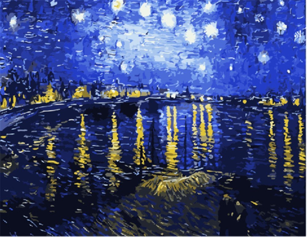 WOWDECOR Paint by Numbers Kits, DIY Number Painting - Van Gogh Starry Night Over The Rhone 40 x 50 cm - New Stamped Canvas (Framed)