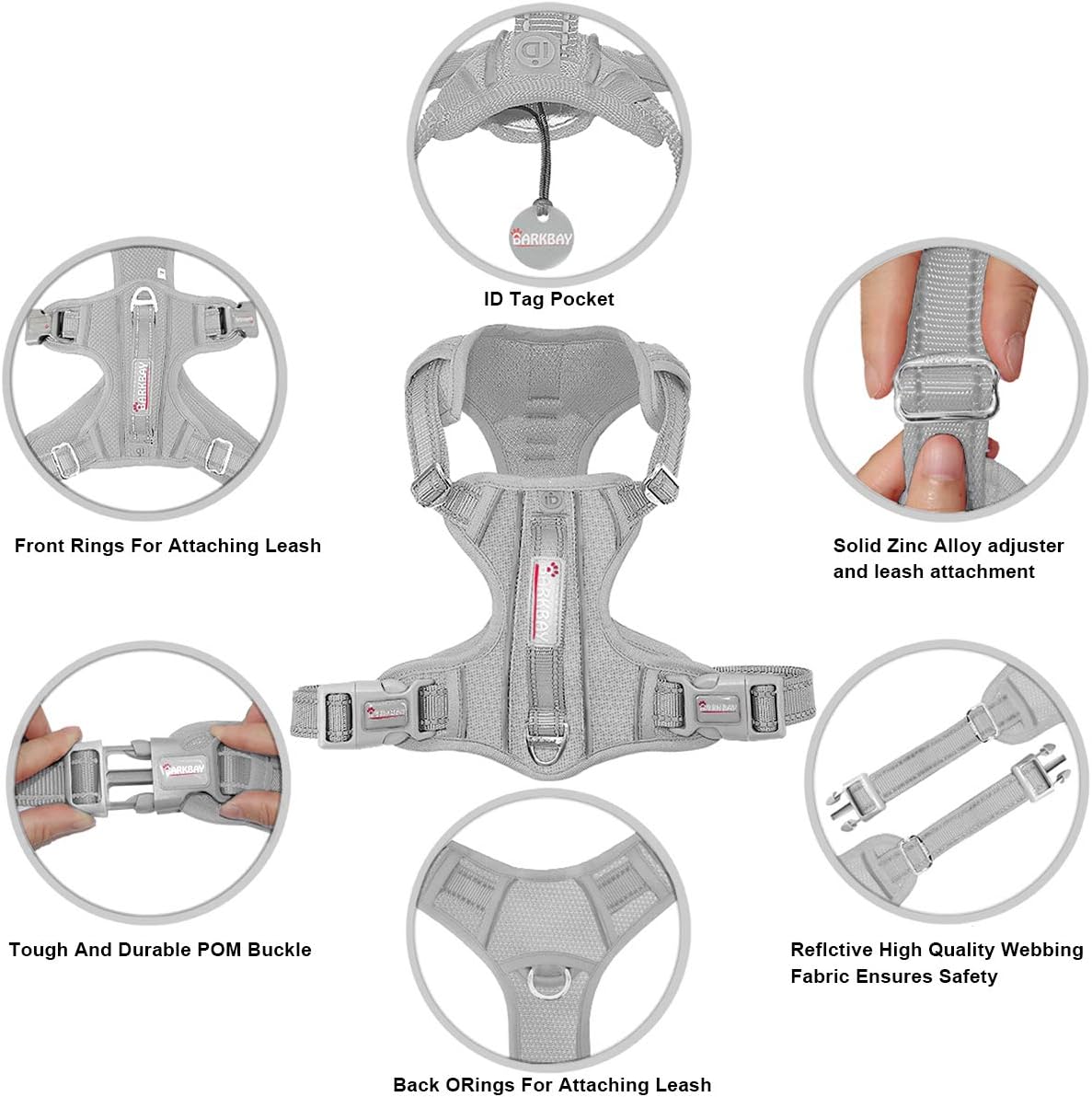 BARKBAY No Pull Dog Harness Front Clip Heavy Duty Reflective Easy Control Handle for Large Dog Walking with ID tag Pocket(Grey,S) - Image 5