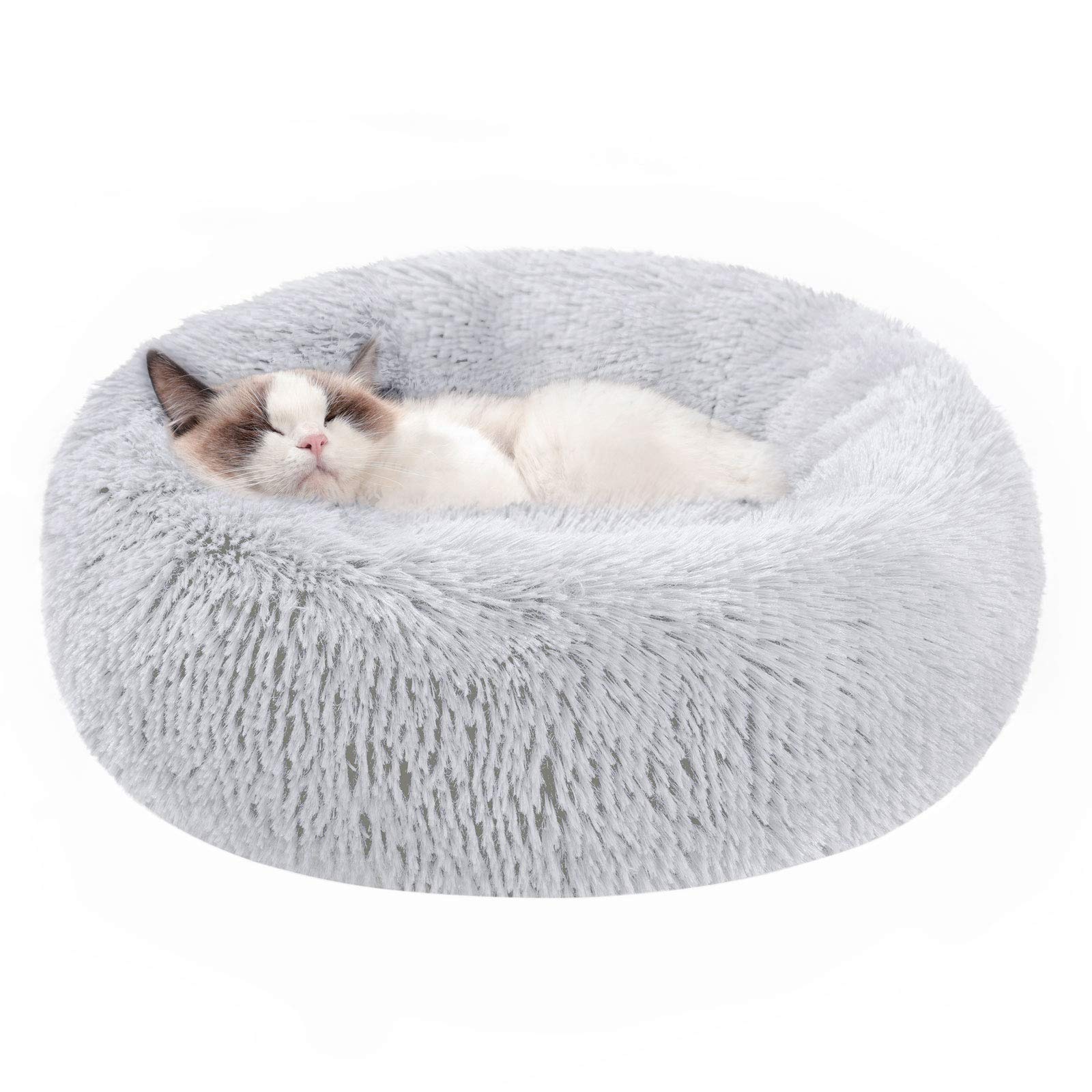 Dog Calming Beds for Small Medium Dogs - Round Donut Washable Dog Bed, Anti-Slip Faux Fur Fluffy Donut Cuddler Anxiety Cat Bed(Light Grey 28")