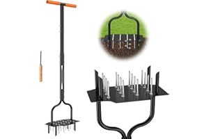 Lawn Aerator Tool, 40 Inch Heavy Duty Manual Lawn Aerator, 16 Iron Spikes Metal & 4 Hollow Slots, Upgraded Exhaust Loosening 