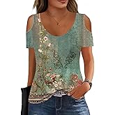 Soesdemo Women Summer Tops Scoop Neck Cold Shoulder Short Sleeve 2024 Loose Fit Basic Tee Shirts