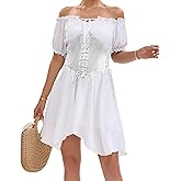 Sunidol Womens Two Piece Corset Dress Sets Off Shoulder Puff SleeveLace Up Irregular Party Bustier Dresses