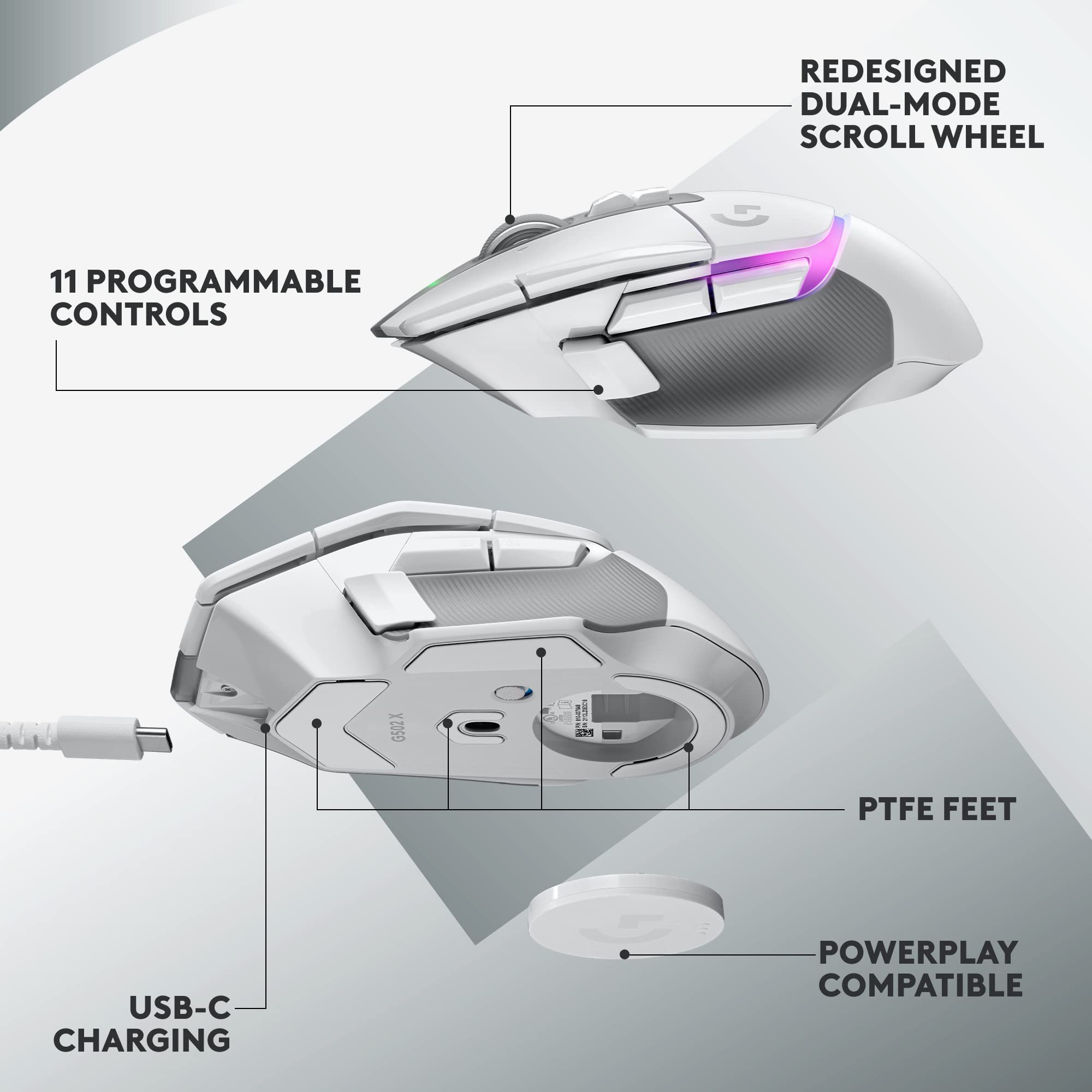 Logitech G502 X Plus Wireless Gaming Mouse - LIGHTSPEED Optical, LIGHTFORCE Switches, LIGHTSYNC RGB, HERO 25K Sensor for PC/Mac - White