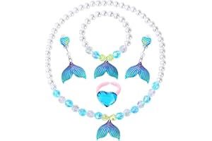 BAOBAOJOY Princess Jewelry for Little Girls, 5 Piece Mermaid Tail Jewelry Set, Stretch Necklace Bracelets Rings and Clip on Earrings, Perfect for Dress Up, Birthday Parties, Costume Play