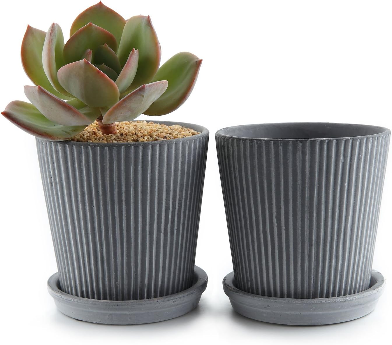 ComSaf 13.3CM Ceramic Succulent Plant Pot Cactus Planter Container Window Box with Round Tray Grey Pack of 2- Modern Line Design, Home and Office Desktop Windowsill Decoration Wedding