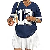 Jersey Shirts for Women Y2k Number Graphic Tees Oversized V Neck T Shirts Streetwear Casual Short Sleeve Tops