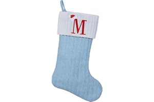 Shgngle Blue Knit Christmas Stockings Personalized, 19.5 Inches Embroidered Letter Christmas Stocking for Holiday Decorations and Xmas Gift(Initial M)