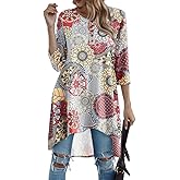 Naggoo Women's 3/4 Sleeve Button V Neck High Low Loose Fit Casual Long Tunic Tops Tee Shirts M Paisley Grey