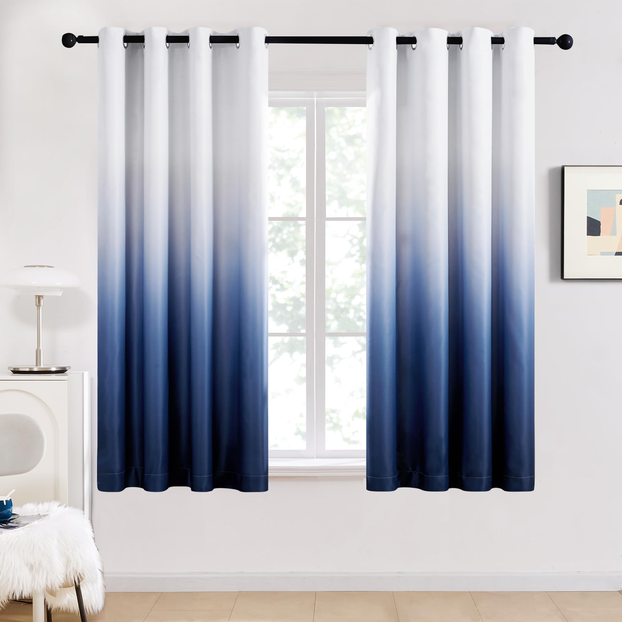 Deconovo Blackout Curtains for Bedroom Thermal Eyelet Curtains Drapes Noise Reducing Curtains for Kitchen 46 x 54 Inch Navy Blue and White 2 Panels