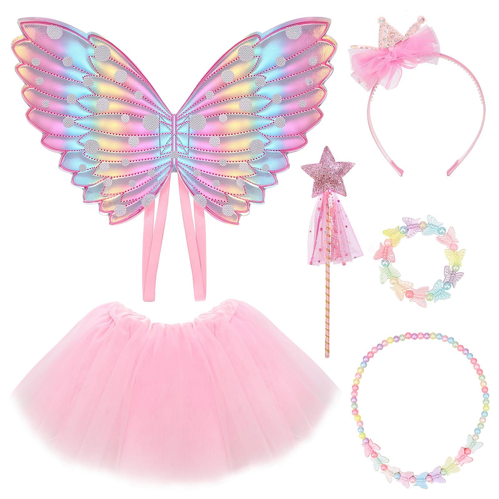 Owdenuy 6PCS Fairy Costume Set, Butterfly Wing Fancy Dress Set with Butterfly Fairy Wings Wand Tutu Skirt Bracelet Headband Butterfly Necklace, Fairy Dress Up Perfect for Party Cosplay Halloween