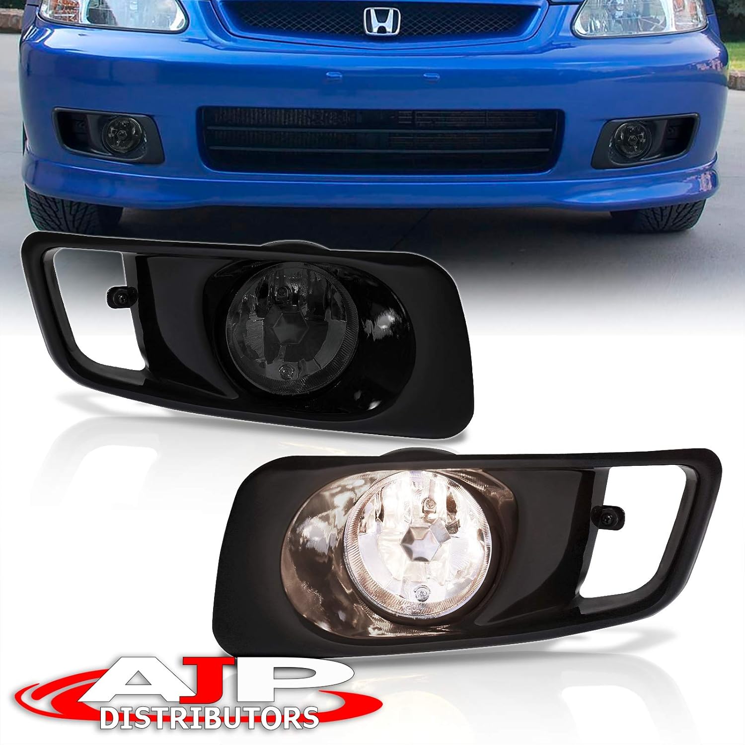 AJP Distributors JDM Euro Headlights Head Lights Lamps Upgrade Replacement 1999 2000 99 00 For Honda Civic EM EK (Black Bezel + Smoke Lens Fog Lights)