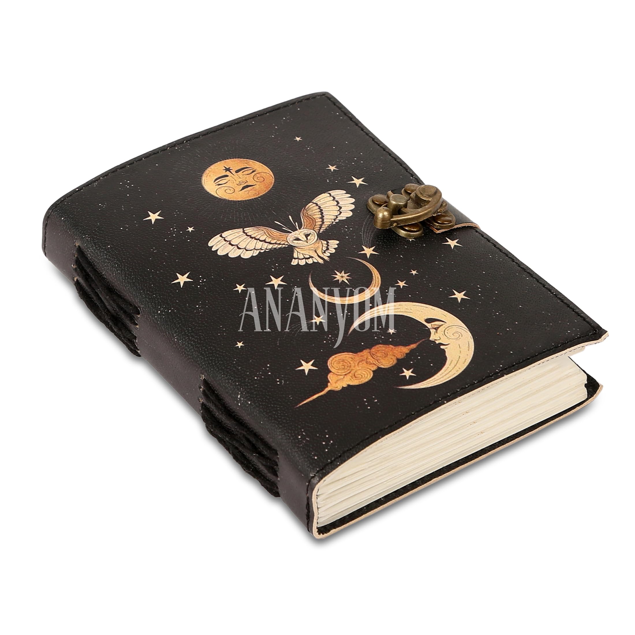 ANANYOM Handmade Black Leather Journal – Sun & Moon Embossed Notebook Diary, 8x6” Vintage Sketchbook with Brass Clasp – 200 Unruled Pages – Artist & Writer Gift, Handmade Leather Notebook