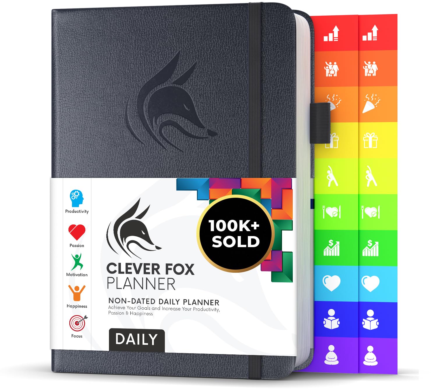 Clever Fox Planner Daily - Best Agenda & Calendar to Boost Productivity & Hit Your Goals - Gratitude Journal Personal Organizer - 14.5x21cm, Lasts 6 Months, Undated, Silver Black