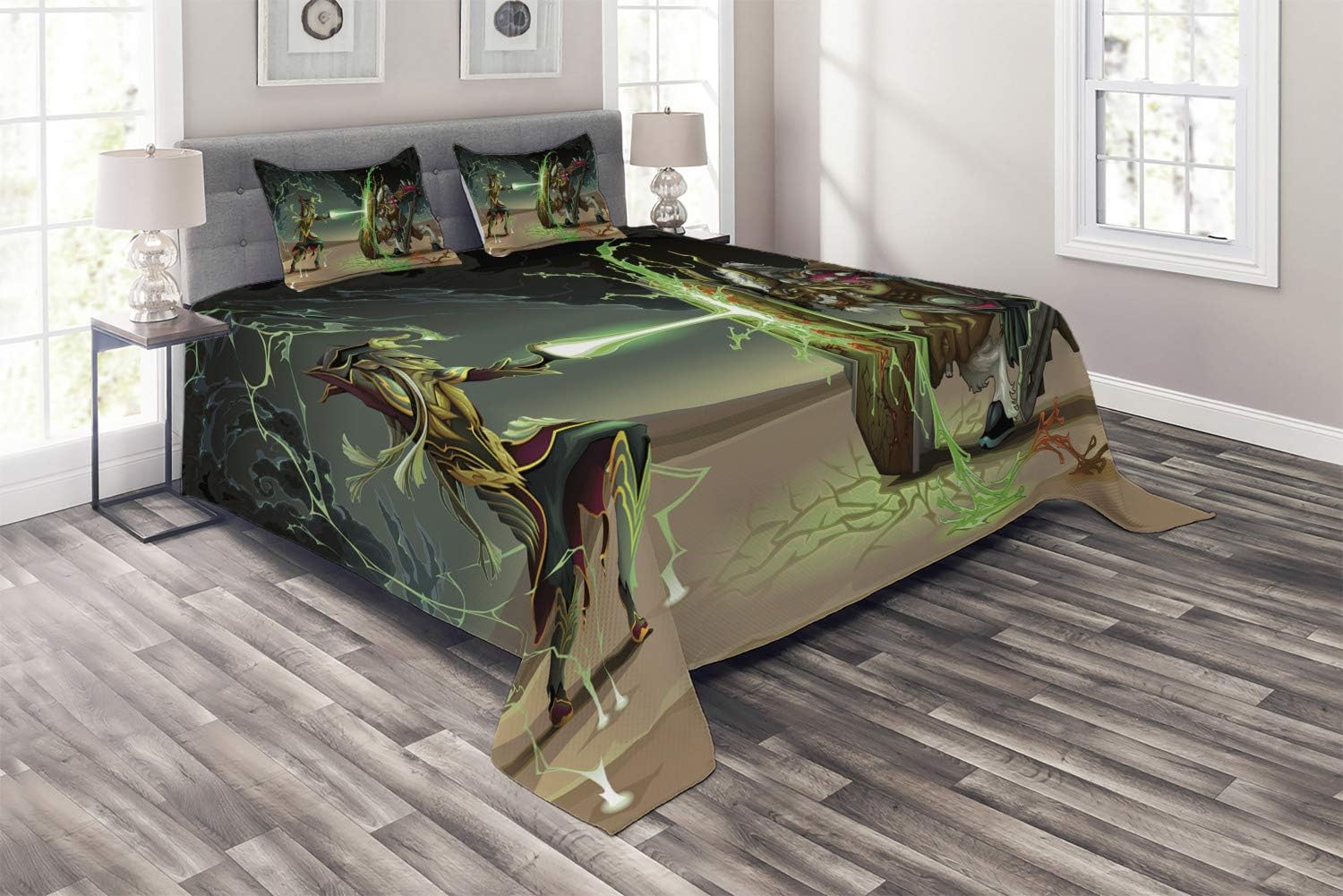 Ambesonne Anime Coverlet, Animal Comics Superheros with Dangerous Wildlife Powers Goat with Rays Design Print, 3 Piece Decorative Quilted Bedspread Set with 2 Pillow Shams, Queen Size, Green Taupe