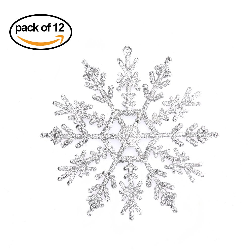 Zogin Glittery Snowflake Christmas Xmas Tree Hanging Decoration Ornaments, Pack of 12pcs (Sliver)