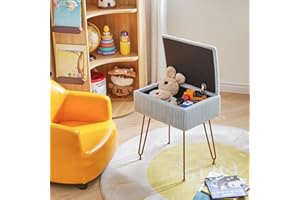 YMYNY Vanity Stool Chair with Storage, Square Velvet Ottoman Foot Stool, Modern Multifunctional Makeup Stool for Bedroom, Living Room, Office, Gold Legs, 18.9 * 15.75 * 11.6", Dusty Blue, UHBD024G