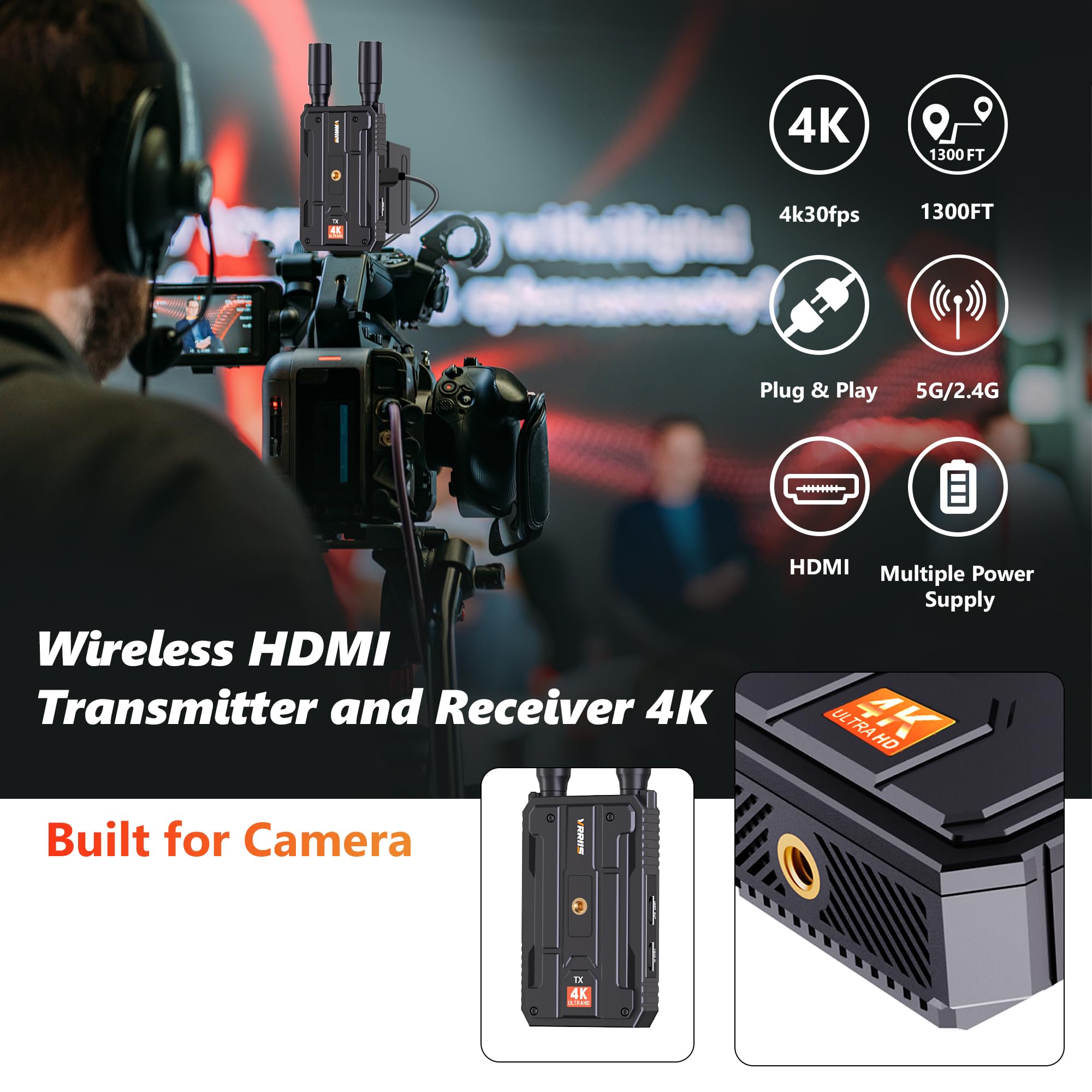 Wireless HDMI Transmitter and Receiver,Plug&Play 1300FT Los Range 4K Wireless HDMI Extender with 0.1S Latency,5G Wireless Video Transmission System for Streaming from DSLR/PC/Laptop to TV/Monitor