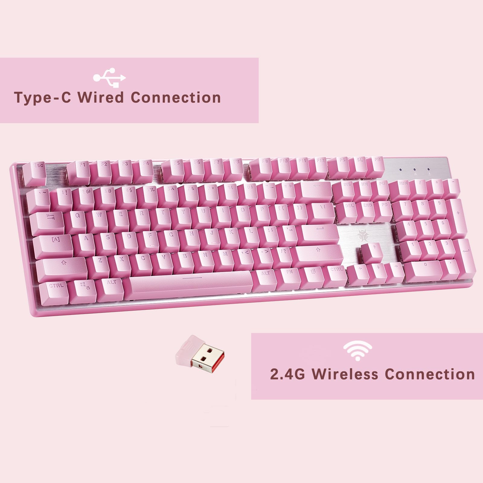 Hexgears G5 2.4G Wireless Mechanical Keyboard 104 Key, Wireless and Type-C Wired Connection, Full-Size Gaming Keyboard, Blue Led Backlit, Kailh Box Switches, Compatible with Windows and Mac OS