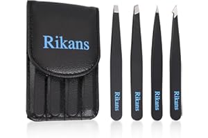 Rikans Precision Tweezers Set – Pack of 4 Black Professional Tweezers – Handy Carry Pouch – Superior Stainless Steel Tweezer 