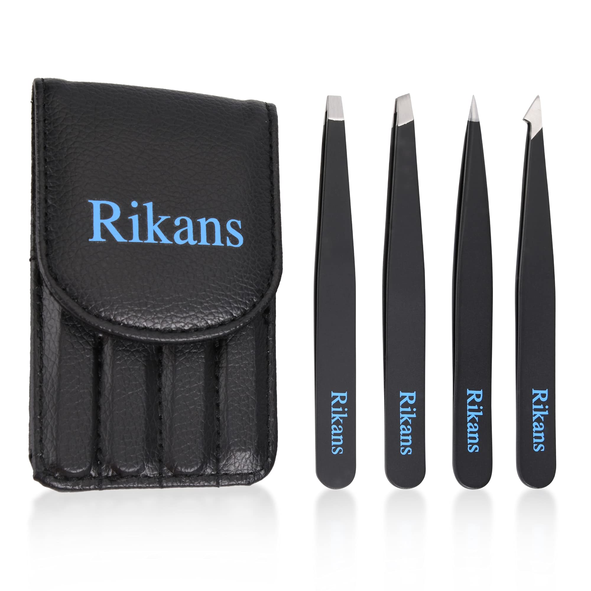 Rikans Tweezers for Facial Hair Women & Men Tweezers Set of 4 pcs Handy Carry Pouch Superior Stainless Steel tweezer Set.