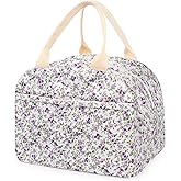 Cotton Quilted Insulated Lunch Bag, Cute Quilted Floral Lunch Tote Bags Reusable Insulated Lunch Box Coquette Aesthetic Large Capacity Insulated Cooler for Women Work Travel Picnic (Purple)