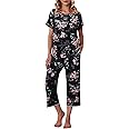 Ekouaer Women's Capri Pajama Sets Floral Print Short Sleeve Sleepwear Top and Capri Pants 2 Piece Loungewear with Pockets