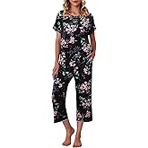 Ekouaer Women's Capri Pajama Sets Print Short Sleeve Sleepwear Top and Capri Pants Soft Loungewear with Pocket