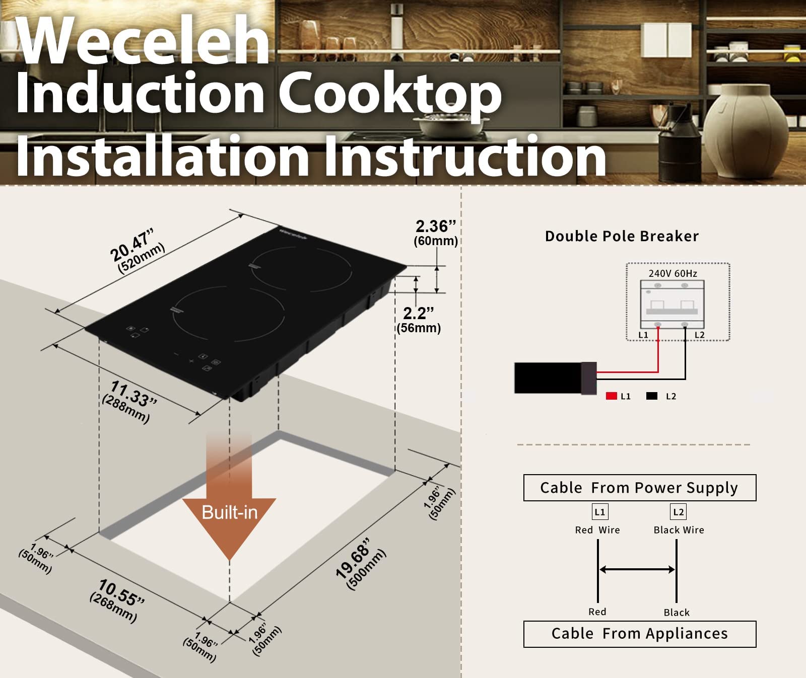 12 Inch Induction Cooktop 2 Burners Built-in Electric Stove top Boost Electric Hob Cooktop with 9 Power Levels, Child Safety Lock,Timer, 220-240V