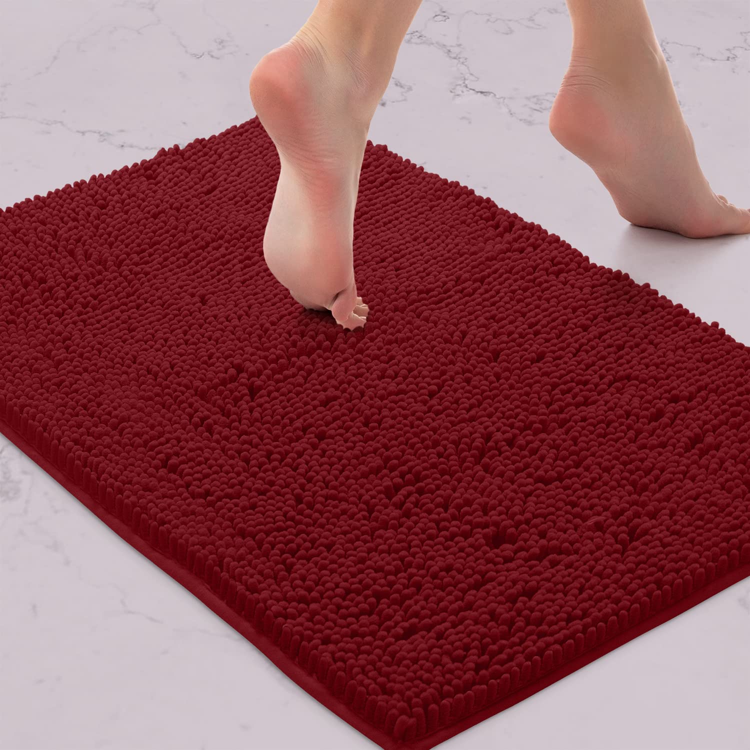Photo 1 of **SMALLER IN PERSON** LuxUrux Bath Mat, Extra-Soft Plush Non-Slip Bathroom Rug, Luxury Chenille Microfiber Material, Super Absorbent Shaggy Bath Rug. Machine Wash & Dry (17 x 24 inches, Maroon-red)
