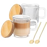 Glass Coffee Mugs, 11oz Glass Coffee Cups with Bamboo Lids and Spoon, Clear Coffee Cups Set of 2, Espresso Cups for Coffee Bar Accessories, Cute Ribbed Glassware Set for Latte, Cappuccino, Tea, Gift