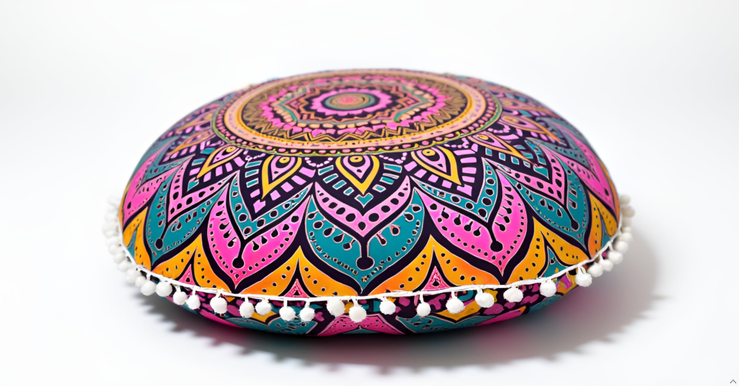 Round Mandala Floor Pillow Cover Seating Cushion Throw Cover Hippie Decorative Bohemian Ottoman Pouf Cover, Pom Pom Pillow Cases,Boho Indian 22 Inches New Pink