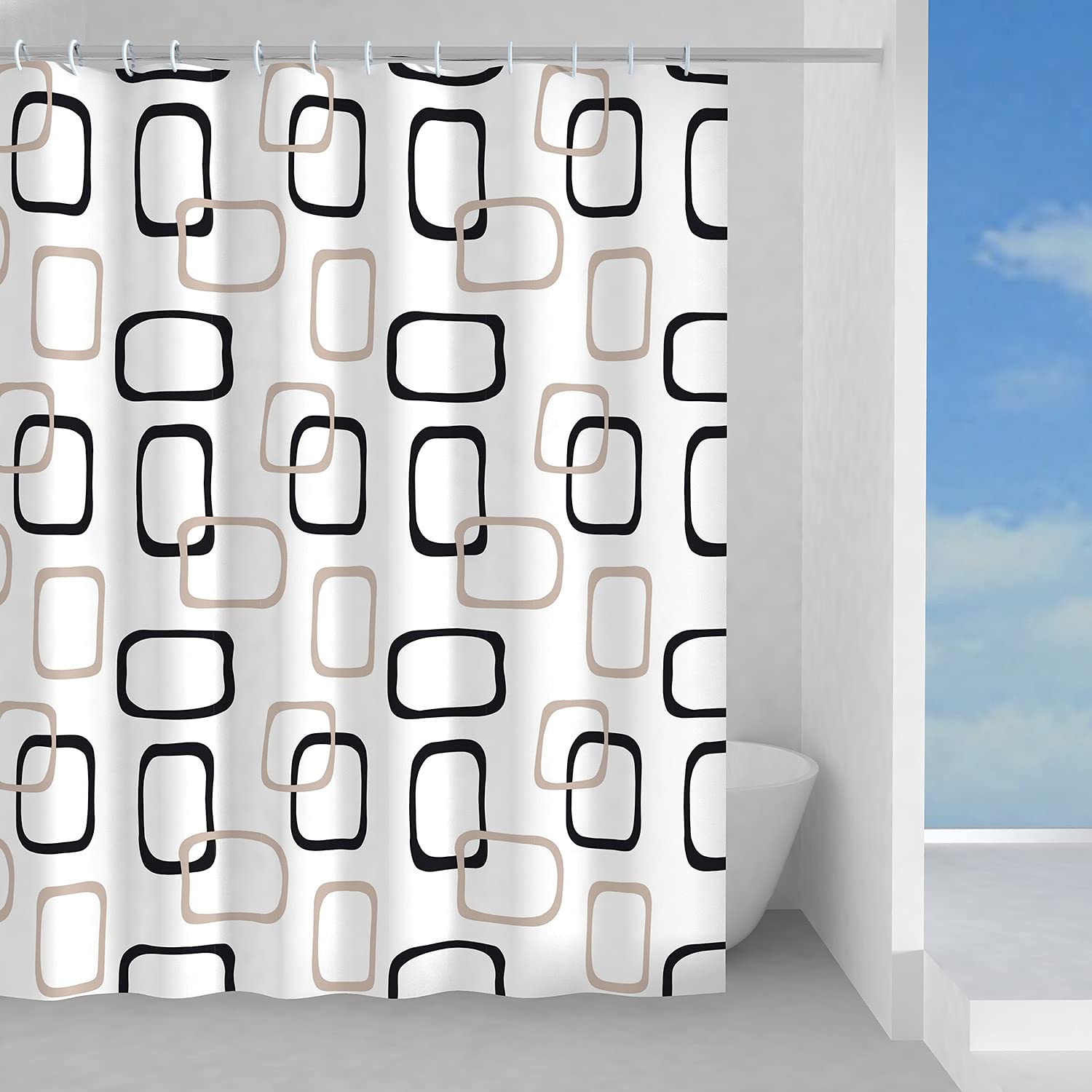 Gedy G-Piper Shower Curtain 120X200 Made of PES, 100% Waterproof, Beige and Black Finish R&D Design, 12 Rings