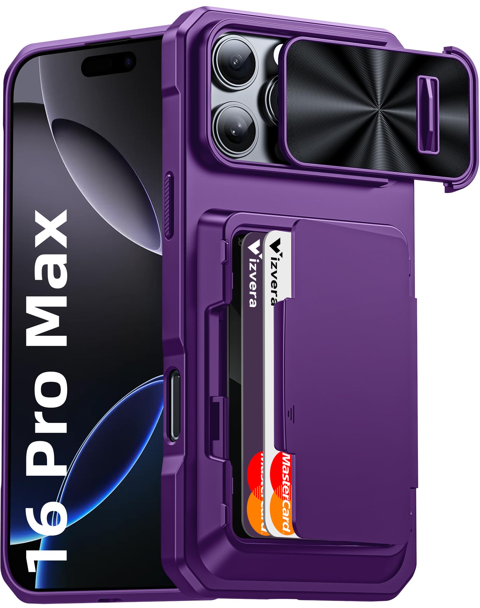 Vizvera for iPhone 16 Pro Max Case Wallet RFID, Cards Holder (4 Cards) & Camera Cover & Kickstand, Full Body Matte Shockproof Silicone Phone Case for 16 Pro Max 6.9 inch 2024-Purple