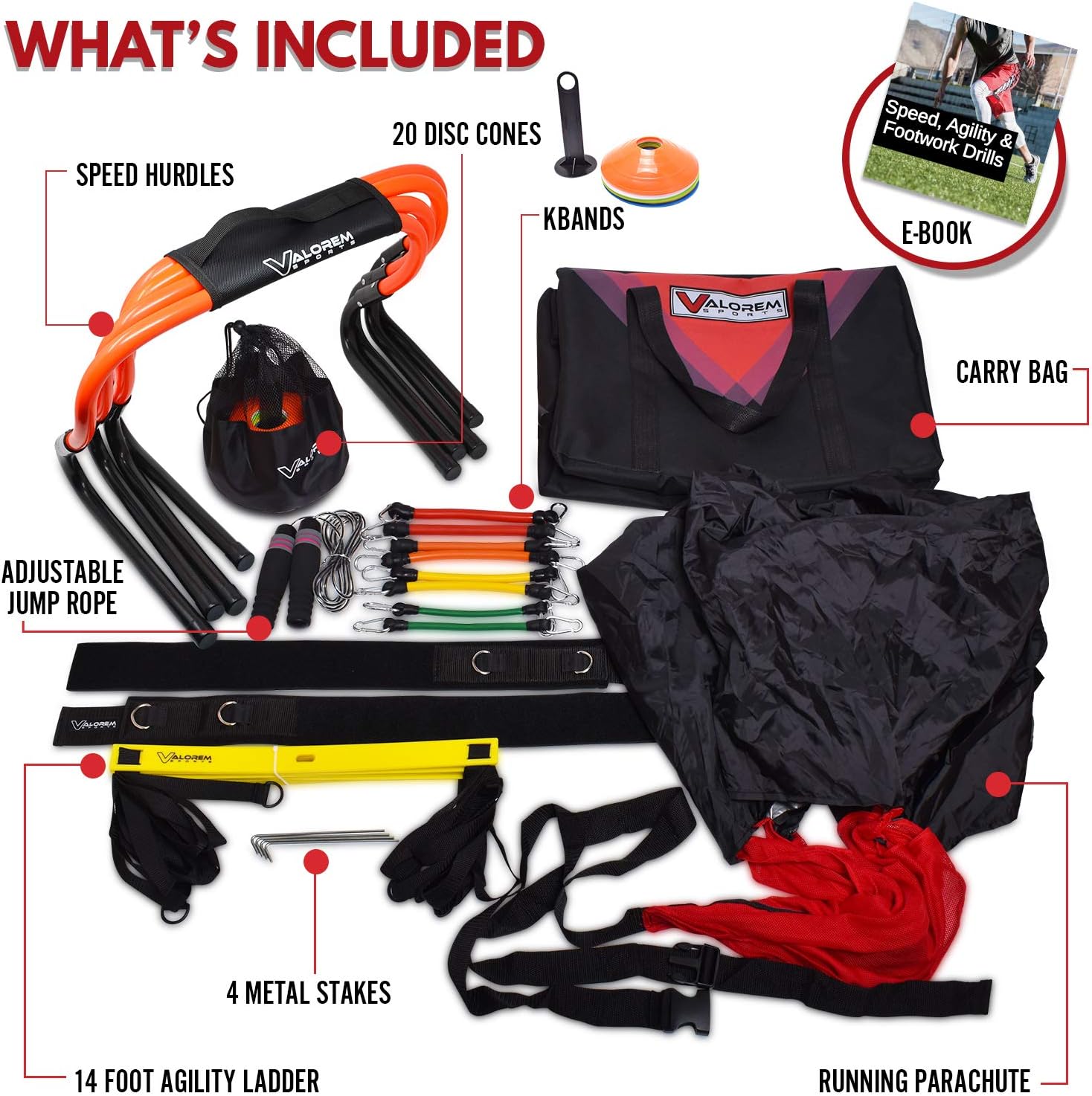 Speed & Agility Training Equipment Set - Includes 4 Agility Hurdles, 20 Disc Cones, Agility Ladder, Adjustable Leg Resistance Bands, Speed Parachute, Jumping Rope & Carry Bag - Designed For All Sports : Sports & Outdoors