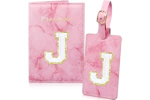 GIESIERY Pink Passport Cover Cute Passport Book Holder for Travel Luggage Tag Set with Initial Monogram Letter Marble Airplane Travel Essentials Personalized Cruise Accessories Trip Favor Gifts for Women Girls