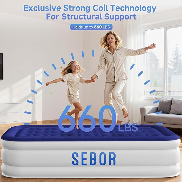 SEBOR AIR MATTRESS TWIN WITH BUILT-IN PUMP 18″, COMFORTABLE SELF-INFLATING AIR MATTRESS WITH HIGH-SPEED PUMP, DURABLE BLOW UP MATTRESS TWIN WITH STORAGE BAG FOR GUESTS, CAMPING, TRAVEL