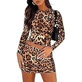 Women's Two Piece Skirt Sets - Long Sleeve Crop Tops and High Waisted Mini Y2K Bodycon Pencil Skorts Skirts with Shorts