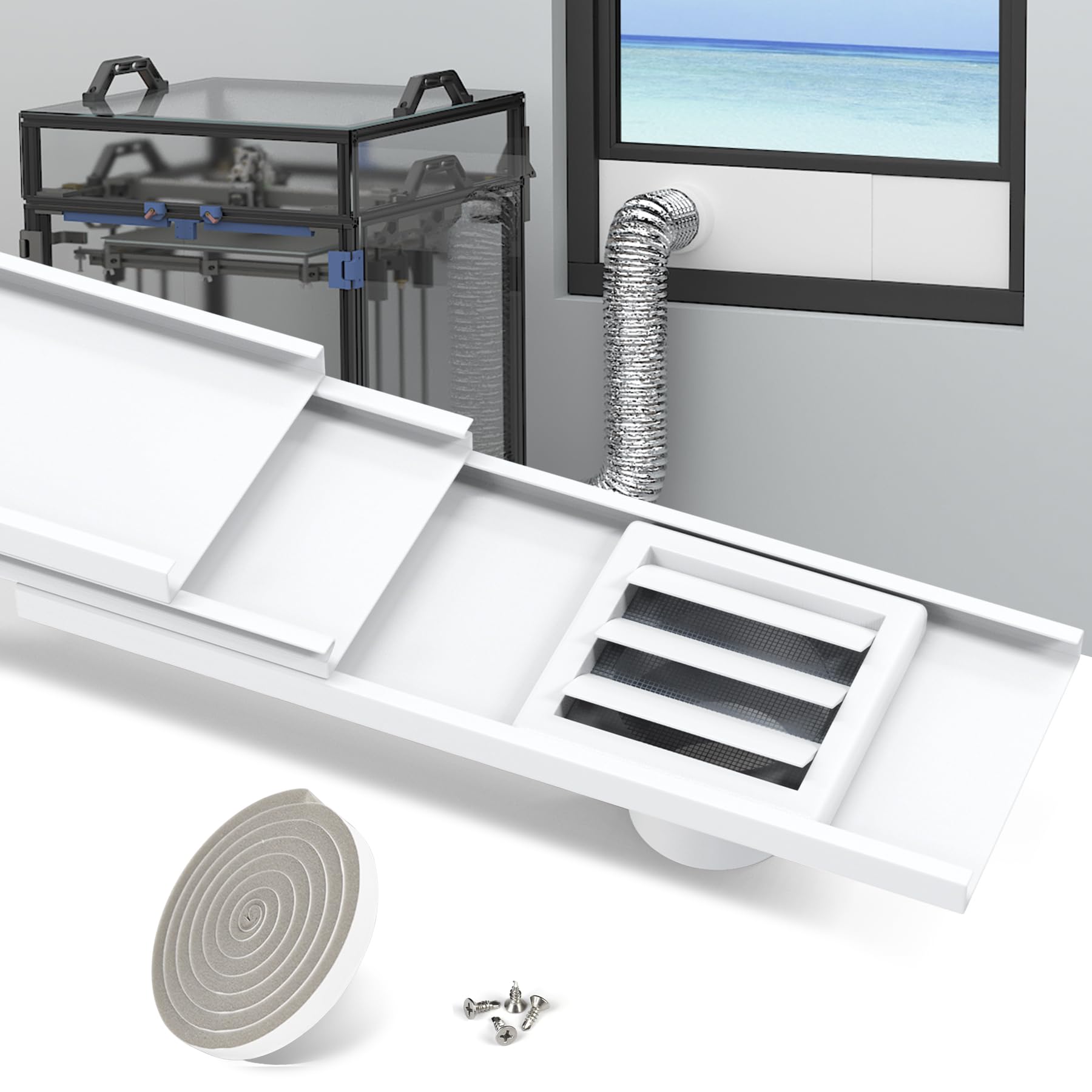 Photo 1 of LBG Products Window Vent Kit with Louvered Vent Cover for 3"&4" Vent Hose, Adjustable Window Seal Kit with Switchable Hood for Laser Engraver 3D Printer Enclosure Dryer with 3"/4" Exhaust Ventilation