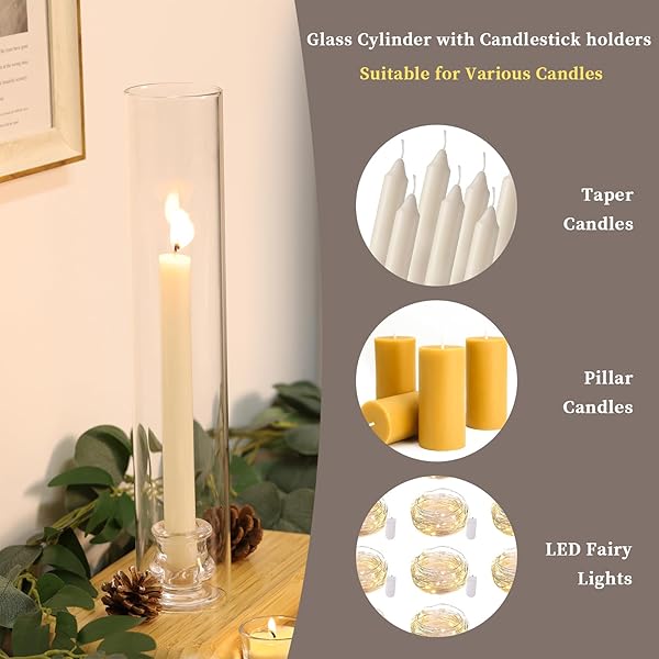 VOLENS HURRICANE GLASS CANDLE HOLDERS – SET OF 6 CANDLESTICK HOLDERS FOR TAPER CANDLES WITH WINDPROOF CYLINDER COVERS 14″ TALL CLEAR GLASS CHIMNEY COVER FOR WEDDING TABLE CENTERPIECE HOME DECOR