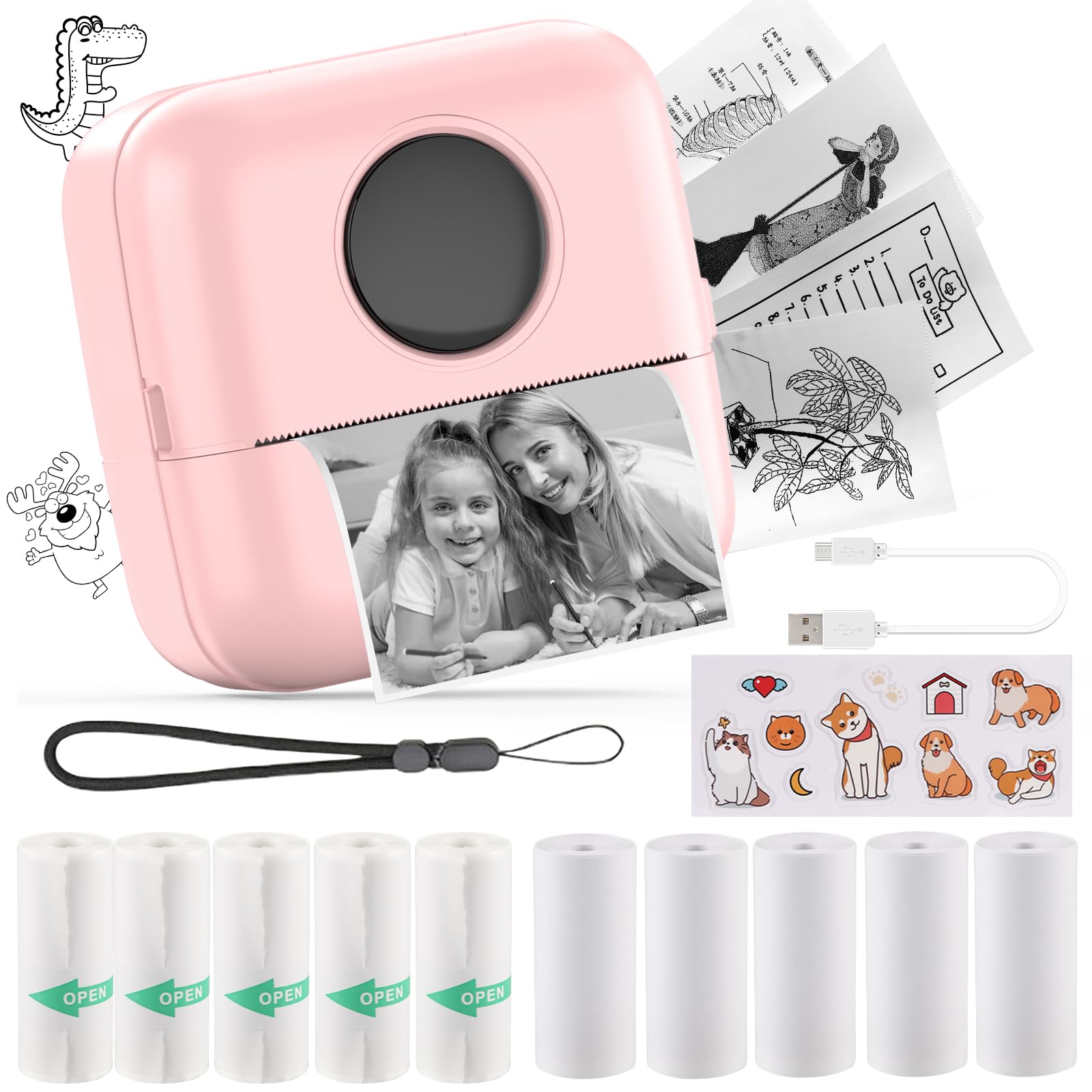 HuiJuKeJi Mini Sticker Printer Bluetooth Smart Pocket Inkless Thermal Printer with 11 Rolls Thermal Paper and Sticker for iOS&Android Print Pod, Portable Receipt Printer for Photo Journal Notes Memo