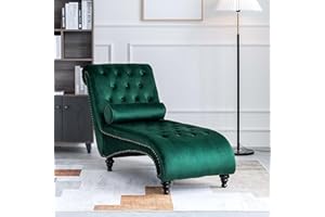 ONPNO Tufted Velvet Chaise Lounge Indoor, Leisure Accent Chair Upholstered Couch with Toss Pillow for Bedrooom Living (Green)