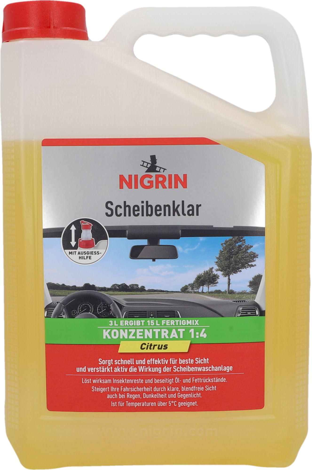 NIGRIN Scheibenklar Konzentrat 1:4 Citrus | 3 Liter | Reinigungszusatz für Autoscheiben und Scheinwerfer | integrierte Ausgießhilfe | entfernt Insekten, Fett | schlierenfrei | sehr ergiebig | ab 5°C 8