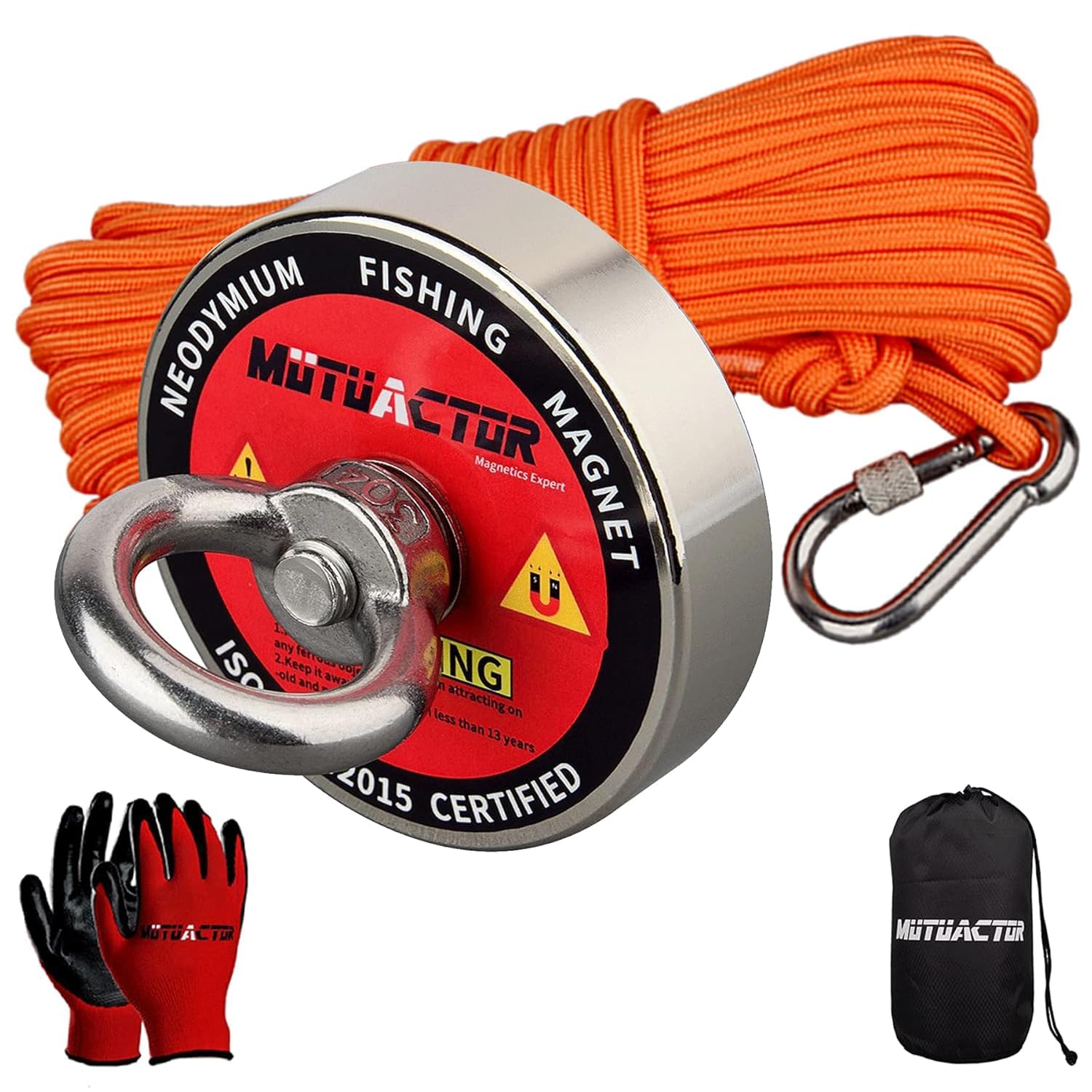 Mutuactor N52 Neodymium Fishing Magnet Super Powerful 180KG Pulling Force, Rare Earth Magnet Kit With 20M Rope a Pair of Glove and a Bag,Perfect for Beginners Magnet Fishing and Salvage in River …