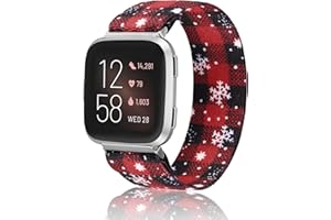 TOYOUTHS Christmas Band Compatible with Fitbit Versa/Versa 2 Scrunchie Bands Elastic Nylon Holiday Decoration Strap Versa Lite Special Edition Wristband Women (Black Red Plaid+Snowflakes, Large)